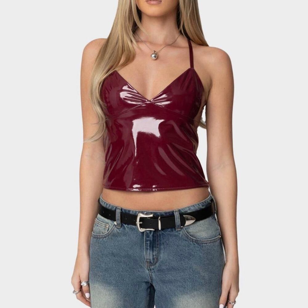 NWT edikted Carmie Vinyl Tank Top burgundy Size M